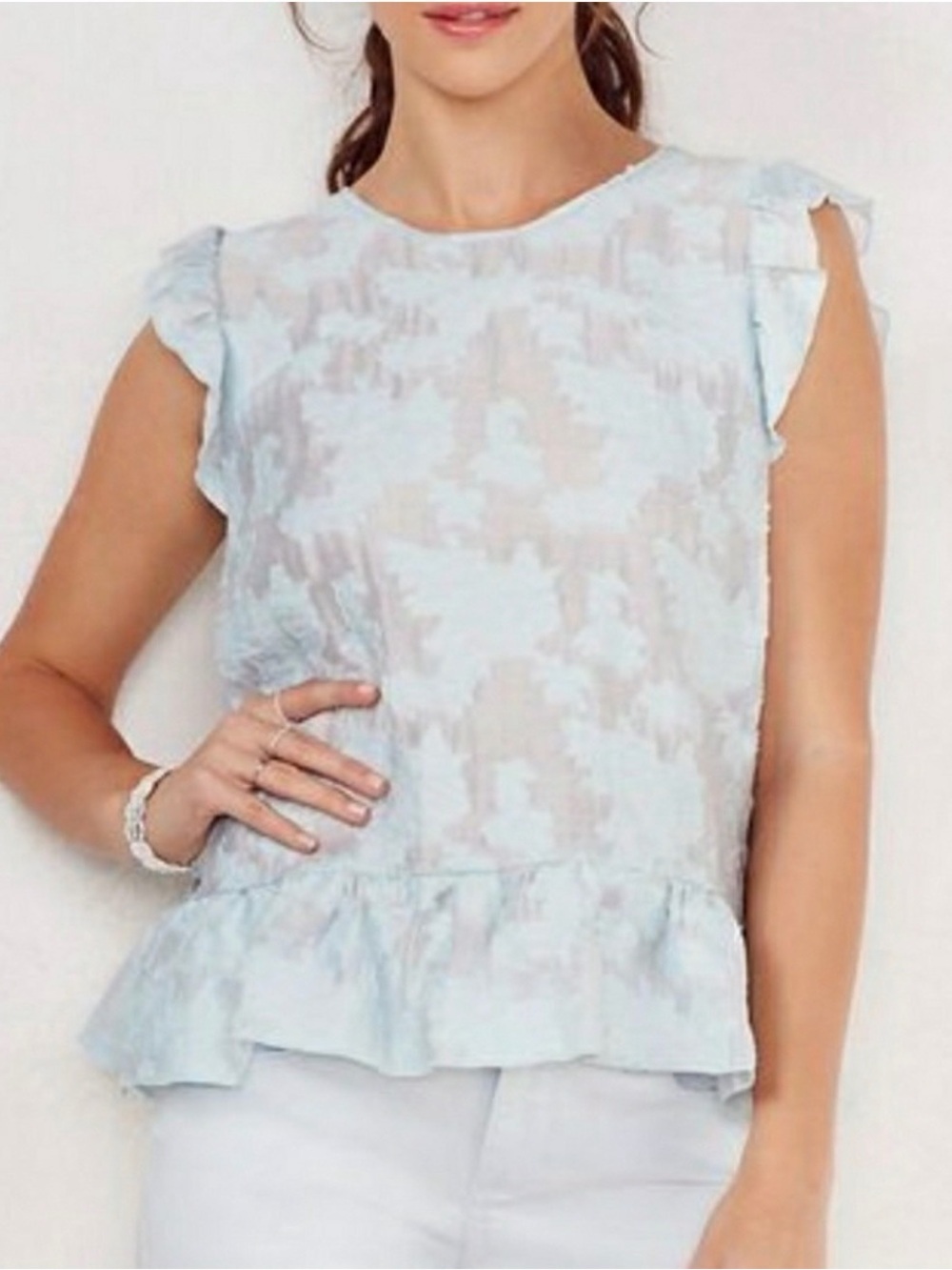 LC Lauren Conrad Light Blue Floral Jacquard Peplum Top Size S